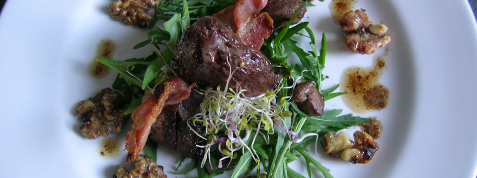 Smoked Pigeon Breast, Pancetta & Salted Caramel Walnut Salad